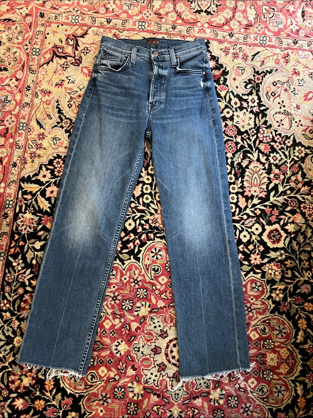 Mother Tomkat Hover high waist button fly straight ankle fray size 24
